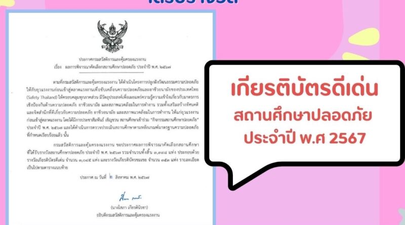 เกียรติบัตรดีเด่นสถานศึกษาปลอดภัย ประจำปี พ.ศ. 2567